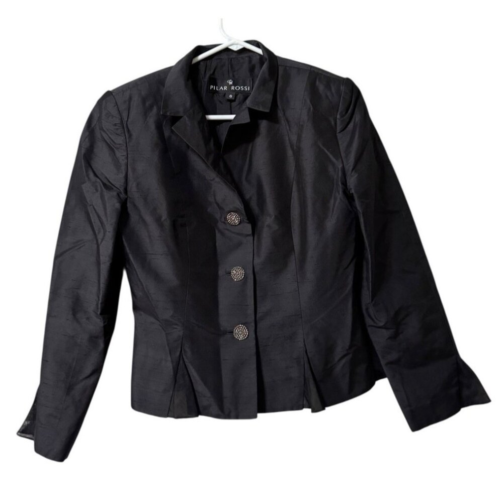PILAR ROSSI Cropped Black Silk Jacket Size 8 Buttons Lightweight USA Made Formal